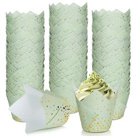Whaline 200Pcs Sage Green Gold Dots Tulip Cupcake Liners Greaseproof Muffin Baking Liners Foil Gold Dots Cupcake Wrappers Baking Cup for Bridal Baby Shower Wedding Birthday Party Decor