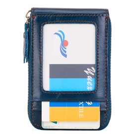 BRASS TACKS Leathercraft Credit Card Holder Genuine Leather Vintage RFID Protection Zip Multi-Compartment Card Holder Wallet Unisex (Navy Blue)