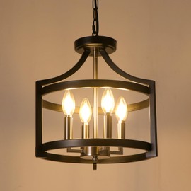 LynPon Black and Brushed Nickel Chandelier 4 Lights, Modern Farmhouse Convertible Semi Flush Mount Ceiling Light, Rustic Round Cage Chandeliers for Kitchen Dining Room Foyer Entryway