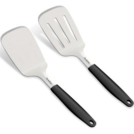 Svailse 13.4 in Stainless Steel Spatula Set of 2, Heavy Duty Solid & Slotted Metal Spatula with Silicone Handle for Cast Iron Skillet, Egg, Burger and Grilling, Large
