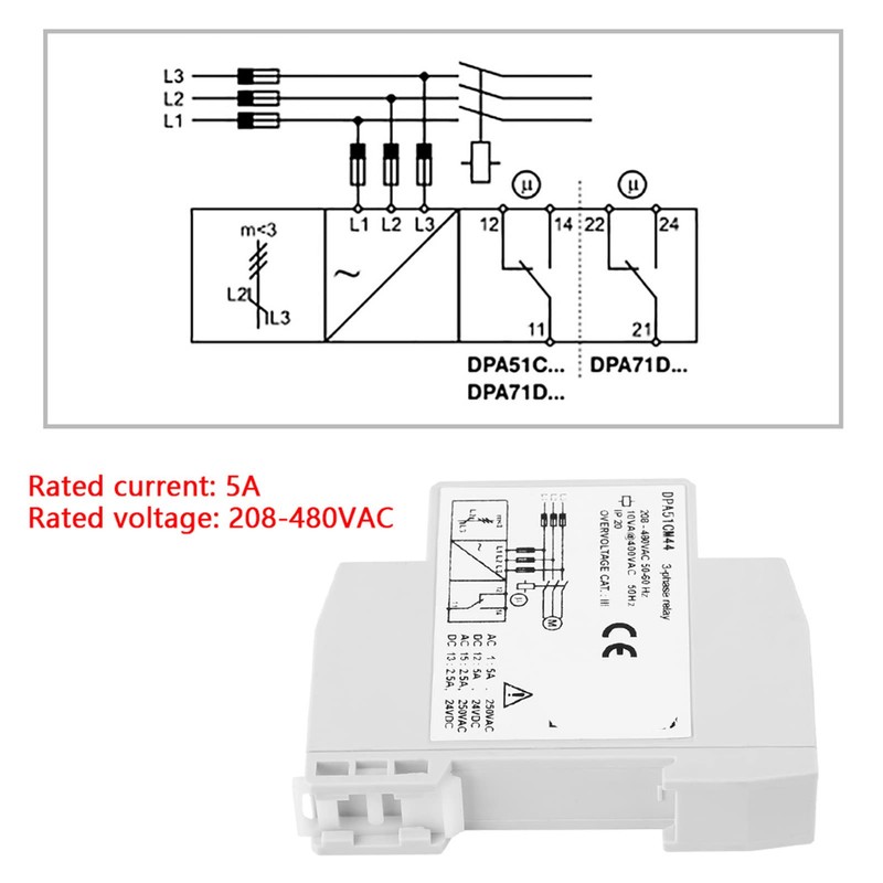 3-Phase Monitoring Relay, DPA51CM44 3-Phase Monitoring Relay Phase Sequence Protector