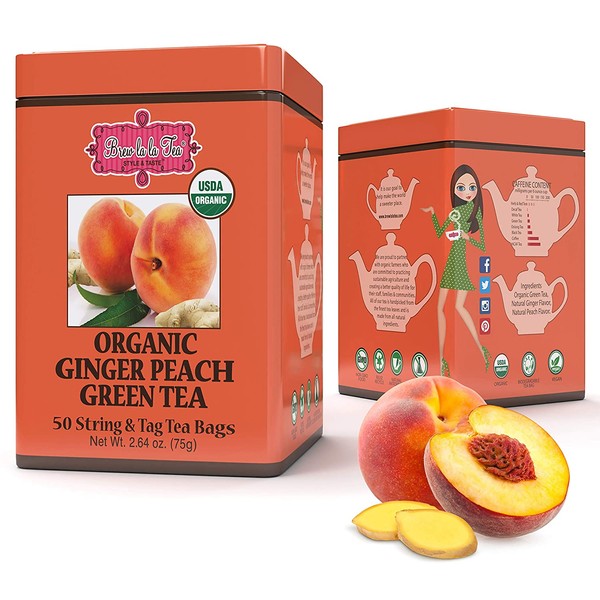 Brew La La Organic Green Tea - Natural Ginger Peach Flavor - 50 Tea Bag Tin - Low Caffeine Gourmet Tea - Certified Organic