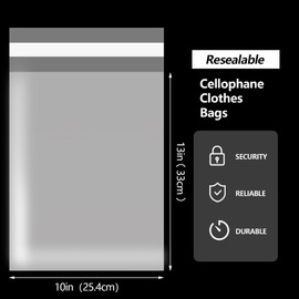 SOMIOCO 100pcs 10"x13" Large Clear Cellophane Bags,Self Sealing Thick Plastic Cellophane T-shirt Packaging Bags with 700Pcs Clothing Size Stickers for Packaging Clothes, T-Shirts, Pants