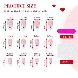 Kabwea Press On Nails 24 Pieces White French Artificial Fingernails Set With Gel Glue Sticker And Nail File, Valentine Press on Nails