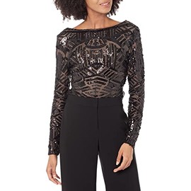 Dress the Population Women's Leia Tribal Pattern Seaquin Long Sleeve Round Neck Bodysuit, Black/Nude, Small