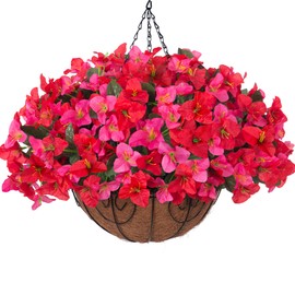 Artificial Fake Hanging Flowers Plants Basket for Outdoors Decoration, Faux Silk Bougainvillea Flowers in Planter Look Real UV Resistant Faux Flower for Porch Home Patio Garden Yard (HotpinkRed)