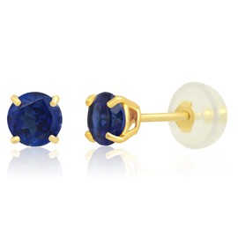 MAX + STONE 14k Yellow Gold Created Blue Sapphire Round Stud Earrings for Women | 4mm September Birthstone