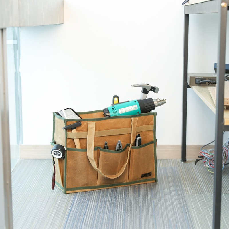 Tool Tote with 6 Pockets & Handle, Durable Waxed Canvas