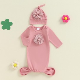 Kavousa Newborn Sleeping Bag Baby Sleep Sack Cap Knotted Gown With Hat Set For Boys Girls Unisex Baby Essentials (G Pink, 0-3 Months)