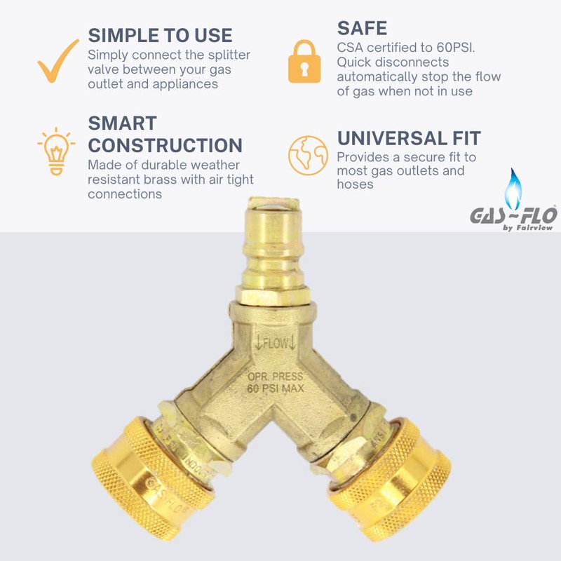 GAS-FLO, Gas Quick Disconnect 3/8 Y Splitter, CSA Certified for