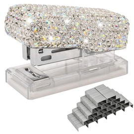 JSCARLIFE Bling Crystal Stapler,Sparkly Diamond Stapler for Desk Handmade Clay Rhinestone Machine Cute Stapler Pretty Office Stationery Kit for Girl Women Lady Christmas (Silver)