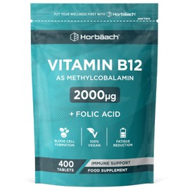 Horb?ach Vitamin B12 Tablets High Strength 2000mcg with Folic Acid | 400 Count | Vitamin B12 as Methylcobalamin | Vegan Supplement | by Horbaach