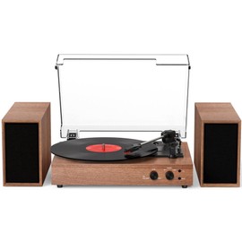 Vinyl Record Player with Dual External Speakers, Vintage 3-Speed Turntable with Stereo Speakers, Bluetooth Playback, Vinyl to MP3 PC Recoding, AUX Input & RCA Output, Walnut Wood