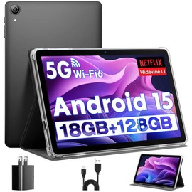 Android Tablets 10 Inch Tablet Android 15 Tablet, Octa-Core, 18GB RAM+128GB ROM+1TB Expand, 1280x800 IPS Display, Tablets for Adults, Widevine L1, GPS, 2.4G/5G WiFi, 5MP+8MP Camera, BT5.4, Black