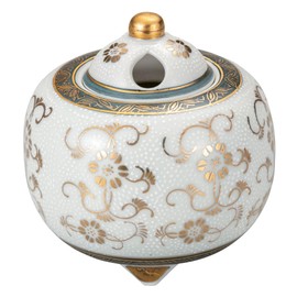Japanese Traditional Porcelain Kutani Yaki(Ware) Incense Burner Beautiful Gold Clematis Flowers Pattern (Tessen) in Wooden Box Made in Japan