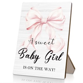 HYKDFMNCJ Baby Shower Wooden Signs, Girl Welcome Sign Stand 5x7 Inch, Centerpieces For Girl, Pink Bow Coquette Baby Shower Decorations