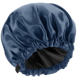 Shower Cap,100% Real Satin Lined Shower Cap,Extra Large Shower Cap for Women Reusable Waterproof,Adjustable Size&Long Hair Bath Caps Hat Synthetic - Color: Navy blue
