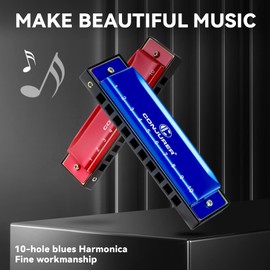 CONJURER CONJURER Blues Harmonica for Kids Adult Beginners 10 Hole Diatonic Harmonica Key of C, Brass Reed Metal Mouth Organ C Key Blues Harp with Case, Blue