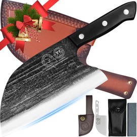 Full Tang, Serbian Chefs knife,Chef Meat Cleaver,Kitchen Knives,Set with Leather Sheath,Take Carrying,Butcher (8 Inch)