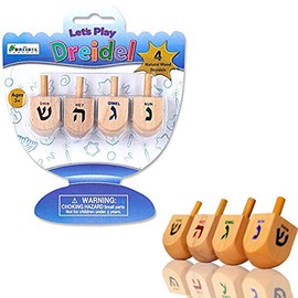 The Dreidel Company Let's Play Dreidel The Hanukkah Game 4 Natural Wooden Dreidels with Instructions for Chanukah, Instructions on Back of Blister Pack