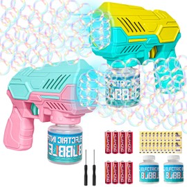 Automatic Bubble Gun Children, 2 Pack LED Bubble Machine, Soap Bubble Gun, Soap Bubble Gun, 10,000 Bubbles / Min with 440 ml Bubble Solution, for Children Outdoor/Party/Wedding