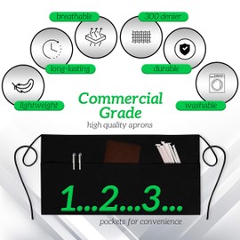 GREEN LIFESTYLE 3 Pack Server Aprons with 3 Pockets - Waist Apron, Waitress Apron for Women and Man, Water Resistant with Long Waist Strap Reinforced Seams, Half Apron (Black)