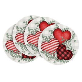 Artoid Mode Buffalo Plaid Eucalyptus Hearts Round Mother's Day Placemats Set of 4, 15 Inch Anniversary Wedding Round Table Mats for Dining Decoration