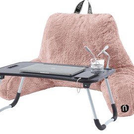 Nestl Fur Reading Pillow with Laptop Lap Desk, Stylish Back Pillow for Sitting Up, Lap Desk with Reading Pillows for Sitting in Bed Adult & Kids, Faux Fur Chair Pillow with Arms - Peach Beige