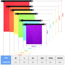 Waterproof Dry Bag Set 15 L+ 8 L +5 L+4 L+3 L+ 2 L Lightweight Sacks and Long Adjustable Shoulder Strap for Kayaking, Rafting, Boating, Hiking, Camping (Bright Colors,12 Pcs)