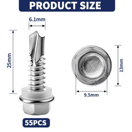55 PCS Self Tapping Screws Metal M6.3X25MM Hex Head Self Drilling Screws 410 Stainless Steel Tech Screws for Metal Self Tapping Bolts for Metal Sheets Ventilation Pipes Corrugated Roofing Windows