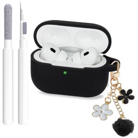 Cute Case for Airpods Pro 2nd/1st Generation Cover for Girl Women with Pom Pom Flower Keychain & Cleaner Kit, Soft Silicone Protective Skin for Airpods Pro 2/1 Gen 2023/2022/2019 Black