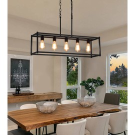 AMZASA Black Rectangle Kitchen Island Lights Rectangular Modern Industrial Chandelier for Dining Room 5 Lights Linear Vintage Cage Light Fixtures UL Listed