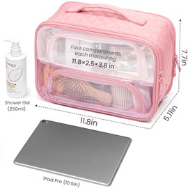 FUNSEED Clear Travel Toiletry Bag for Women, Large Makeup Organizer with Zipper Multiple Compartments for Cosmetic Toiletries (Pink)