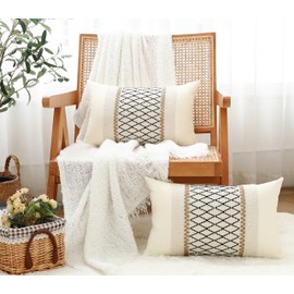 LIGICKY Set of 2 Boho Cushion Covers Linen Cotton Decorative Striped Woven Style Black Grid Stitching Soft Square Throw Pillow Covers for Sofa Bedroom Living Room Party Décor, 12 x 20 inch