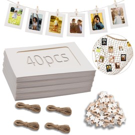 Ziamzra Pack of 40 White Photo Garland, 10 x 15 cm, Photo Hanging, DIY Kraft Paper Picture Frame, 40 Pieces, Small Clips for Photos Hanging, 4 Pieces Photo Line for Birthday, Wedding, Party, Wall