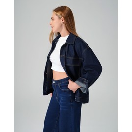 roswear Denim Jacket Coat for Women with Flap Chest Pockets Casual Oversized Jean Jackets Dark Blue Large