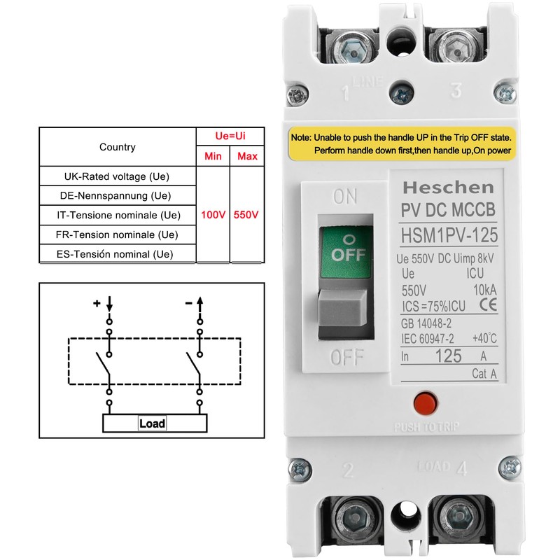 Heschen Molded Case Circuit Breaker, HSM1PV-125 2 Poles DC550V Solar