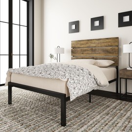 Allewie Twin Size Platform Bed Frame with Wooden Headboard and Metal Slats/Rustic Country Style Mattress Foundation/Box Spring Optional/Strong Metal Slats Support/Easy Assembly/Light Brown