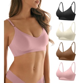 DEANGELMON Seamless Bras for Women V Neck Padded Bra Adjustable Straps Bralettes Everyday Sleeping Bra Multiple Pack(4P14,S)