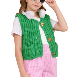 Flygo Girls Sweater Vest Chunky Button Down Crochet Knit Cardigan Trendy Sleeveless Sweaters Top with Pockets 5-14 Years(Green-XL)