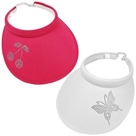 2 Pack Clip On Visors Women Men Headwear Wide Brim Cap Outdoor Golf Beach Hiking Ponytail Adjustable Hats Shiny Rhinestone Bling Large Hat (White-2, Rose Red-1)