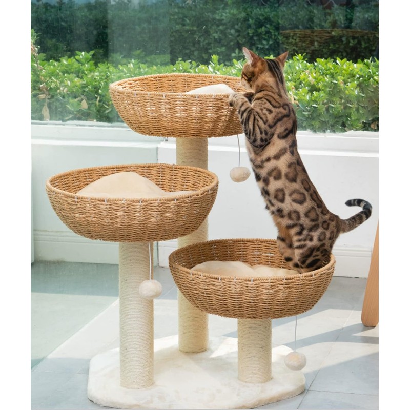 SHENGOCASE Cat Tree Tower with Rattan Wicker Basket, 3 Handwoven