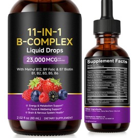 Vitamin B12 Liquid Drops 60ml- 11-in-1 High Strength B Complex Vitamins with Choline & Vitamin C, Fast Absorbing Liquid Supplement for Energy Support