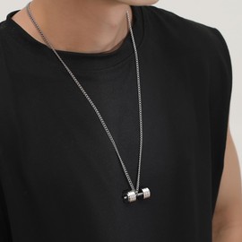 Kaydenana Dumbbell Pendant for Men Polished Stainless Steel Necklace for Women Silver Black Plated Chain Couple Valentine's Day Gift Jewelry