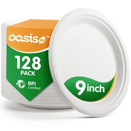 OasisSN [9 Inch, 128-Pack Compostable Paper Plates, Heavy-Duty Biodegradable Disposable Dish Made from Bagasse, Perfeck for Snacks, Desserts, Party, Wedding and More (BPI Certified)