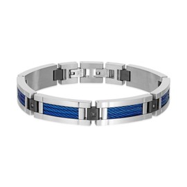 Metro Jewelry Link Bracelet for Men in Black Ion Plated Stainless Steel with Blue Cable Details and Black Diamonds - 8.75 Inches Long 12 mm Wide with Fold Over Clasp