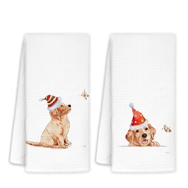 Jvpke Golden Retriever Christmas Kitchen Towels Set of 2, Gifts for Golden Retriever Lovers, Christmas Hand Towels for Bathroom, Christmas Dish Towels for Kitchen, 16x24 Inches