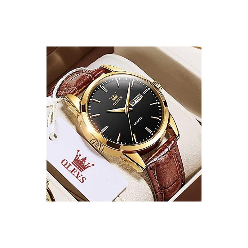 OLEVS Men Watch Brown Leather Strap Large Black Face Analog