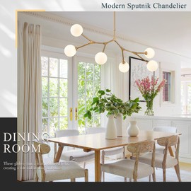 Sparklelf Modern 6 Lights Sputnik Chandelier for Dining Room L45’’ Gold Pendant Light Fixture with Milk Glass Shade Large Mid Century Chandelier for Kitchen Island Bedroom Living Room