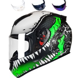 HTLNUZD Full Face Motorcycle Helmet Racing Motocross Helmets with Pinlock Compatible Clear&Tinted Visors DOT Model Approved Street Bike Helmet (M, LV111-Green Venom)